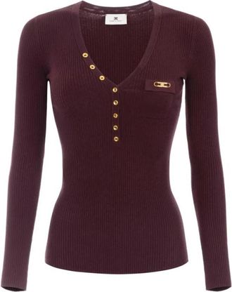 Elisabetta Franchi Geribbelde gebreide top met borstzak - Dames - V-hals truien - Rood - L - Satijn - Truien & Vesten