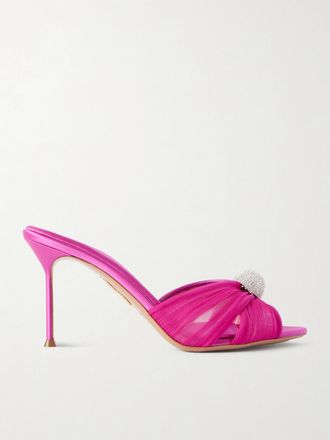 Aquazzura Mule In Chiffon Con Finiture In Pelle E Cristalli Mystery 85 - Rosa