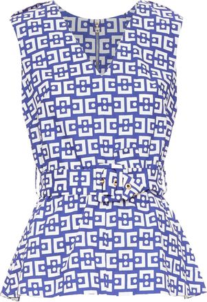 Marni 2013 blue white cotton geometric print belted peplum V-neck top IT40 S