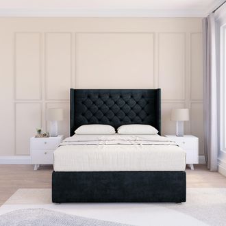 Sloomy Dior Naples Wingback Bed Set, No Drawers & 54 Floor Standing Headboard in Black | Size: Double