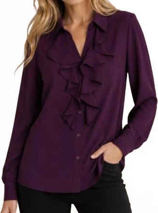Calvin Klein Ruffle Front Long Sleeve Blouse In Aubergine