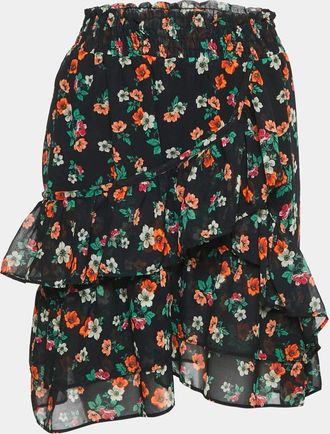 Maje Black Floral Print Ruffled Jupe Imprime Mini Skirt L