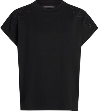Karl Lagerfeld orchid-embroidered T-shirt - Black