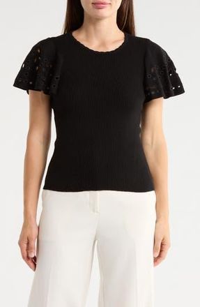 T Tahari Embroidered Eyelet Short Sleeve Sweater in Black at Nordstrom Rack, Size X-Small