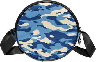 Generic Circle Crossbody Bag for Women, Blue Camouflage Small Sling Bag Daypack with Zipper Adjustable Shoulder Straps Casual Ladies Girls Round Purse
