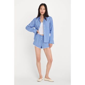 Good American Womens Poplin Pull On Boxer Shorts | Blue & White Stripe, Size Medium | Good American by Khlo&Egrave; Kardashian