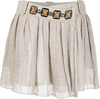 Alberta Ferretti stone-detailing pleated miniskirt - women - Linen/Flax/Metal/Acrylic/glass - 38 - Neutrals