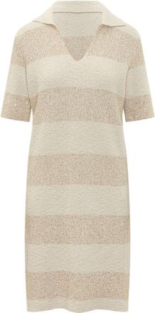 Fabiana Filippi Beige Stripes V Neck Midi Dress