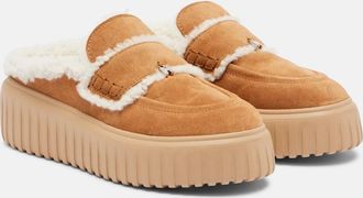 Hogan Shearling-trimmed suede slippers