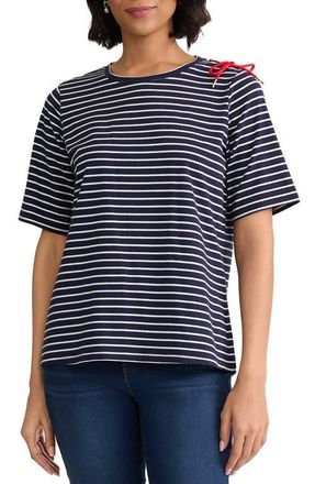 Jones New York Stripe Lace-Up Shoulder T-Shirt in Pacific Navy/Natural White at Nordstrom, Size X-Large
