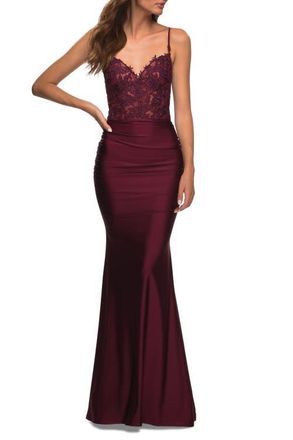 La Femme Jewel Tone Jersey Gown with Sheer Lace Bodice in Dark Berry at Nordstrom, Size 4