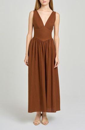 Wayf Vivia Plunge Neck Drop Waist Midi Dress in Chocolate at Nordstrom, Size X-Large