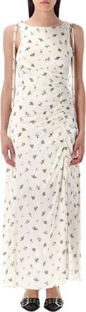 Ganni Kleedjes, Dames, Wit, M, Satijn, Bloemenprint Mouwloze Maxi Jurk met Trekkoorddetail