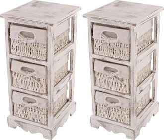 Hhg Non utilizzato] Set 2x scaffali cassettiere 3 ceste shabby vintage legno di paulonia 28x25x58cm bianco