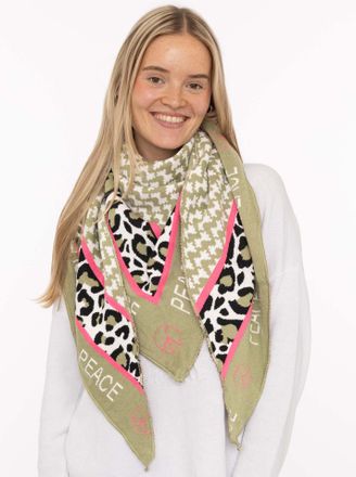 Zwillingsherz Dreieckstuch ZWILLINGSHERZ Peace, Damen, khaki, Strick, Materialmix, gemustert, mehrfarbig, Modet&uuml;cher Dreieckstuch, Schriftzug und Leomuster, w&auml;rmend