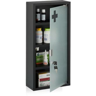 Relaxdays Relaxdays Medicine Cabinet, 4 Shelves, HxWxD: 57 x 27 x 12 cm, Lockable First Aid Cupboard, Steel, Glass Door, Black