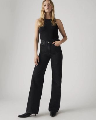 Levi's Ribcage Jeans Womens Black Denim Dark Wash Wide Leg Zip Fly KFC913