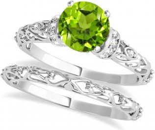 Allurez Peridot & Diamond Antique Style Bridal Set Platinum (0.87ct)