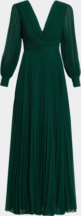 Badgley Mischka Pleated Blouson-Sleeve Deep V-Neck Gown