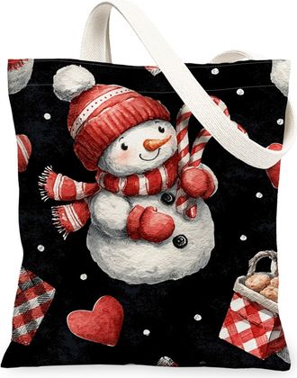 Generic Snow Man Canvas Tote Bag, Adorable Winter Design Reusable Grocery Bags, Lightweight Washable Shoulder Strap Tote for Shopping Travel Beach 13x15 Inch