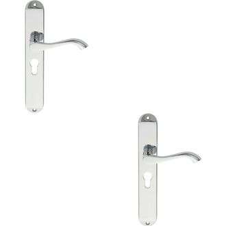 Loops 2x PAIR Curved Lever on Long Slim Euro Lock Backplate 241 x 40mm Polished Chrome