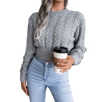 Generic Womens Cable Knit Cropped Jumper Ladies Cashmere Jumpers Crew Neck Waist-Cinched Sweater Top for Fashion Casual Autumn and Winter Wear Soft Warm Relax