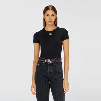Diesel Slim ribbed T-shirt with metallic Oval D - T-Shirts - Woman - Black