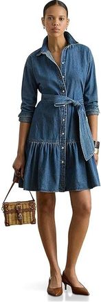 Lauren Ralph Lauren Belted Denim Tiered Shirtdress Womens Dress Galvin Wash : 12, Cotton