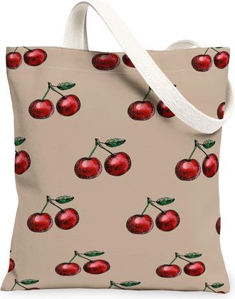 Generic Cherries Canvas Tote Bags, Fruit Design Reusable Grocery Bags, Summer Vintage Lightweight Washable Shoulder Strap for Trave, Beige, 13x15 Inch