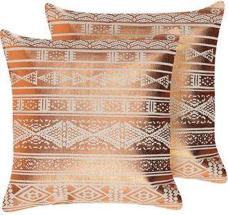 Beliani Conjunto De 2 Cojines De Algod&oacute;n Cobrizo 50 X 50 Cm Geom&eacute;trico Metalizado Oujda