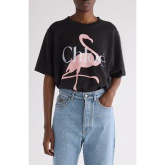 Chlo&eacute; Flamingo Organic Cotton Graphic T-Shirt in Ash Black at Nordstrom, Size Large