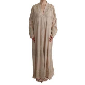 Dolce & Gabbana Elegant Long Sleeves Abaya Dress with Lace Detailing and V-Neck - female - Dolce & Gabbana - Maxi Dresses - Beige - 2XL - Dresses