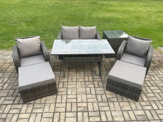 Fimous Rattan Outdoor Garden Furniture Set Rectangular Dining Table & Chair Sofa Set With Side Table 2 Big Footstool in Dark Grey