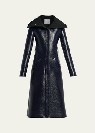 Courr&egrave;ges High-Collar Shiny Vinyl Long Trench Coat