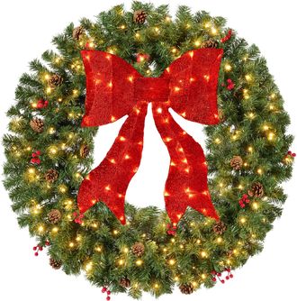 Best Choice Products Pre-Lit Christmas Wreath w/Berries & Pinecones, Large Artificial Indoor/Outdoor D&eacute;cor, w/Red Lighted Bow, Plug-in