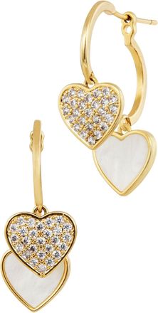 Savvy Cie Jewels GOLD PLATED OVER BRASS MOTHER OF PEARL PAVE HEART FRONT BACK HOOP EARRINGS