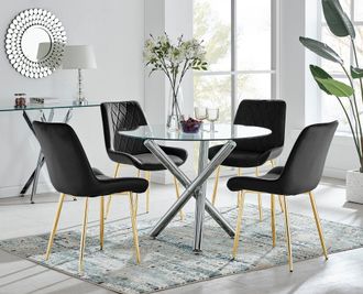 Furniturebox Selina Round Glass Chrome Leg Dining Table & Pesaro Gold Leg Chairs in Black | Size: 2 Person