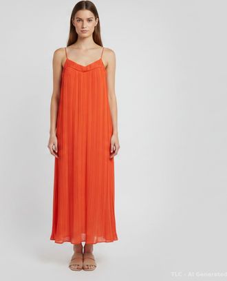 Maje Orange Crepe Plisse Rogelio Midi Dress