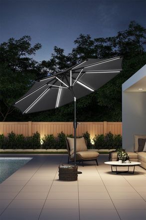 H&O Direct Large Dark Grey Outdoor Solar Powered LED Patio Umbrella for Garden without Base