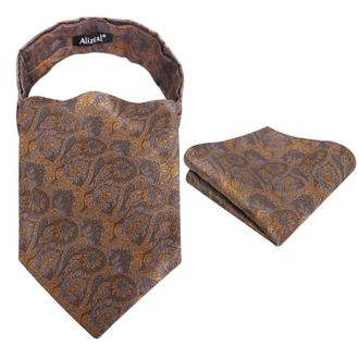 Alizeal Mens Cravat Tie Set Ascot Retro Floral for Banquet Party Tie and Pocket Square Set, Brown+Gold