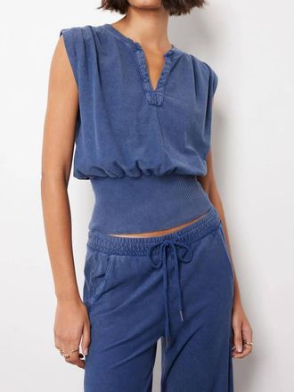 bobi Split Neck Ribbed Tee In Blue