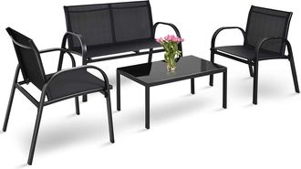 Costway Juego De 4 Piezas De Muebles De Patio Con 2 Sillones,1 Banco De 2 Plazas Y 1 Mesa De Centro De Hierro Y Tela De Malla Para Terraza Jard&iacute;n Exterior (ne