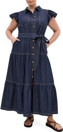 City Chic Kelsie Tie Waist Tiered Denim Maxi Dress in Dark Denim at Nordstrom, Size Xxxs