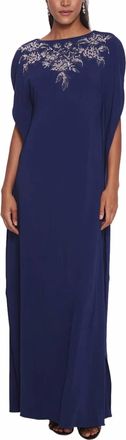 Marchesa Embroidered Crepe Kaftan In Navy