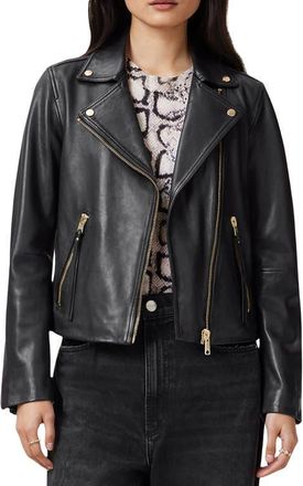 AllSaints Dalby Leather Biker Jacket in Black/Gold at Nordstrom, Size 10 Us