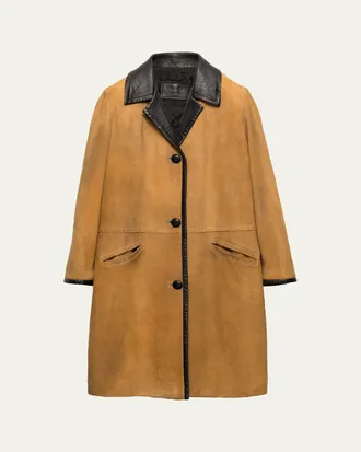 Prada Single-Breasted Suede Coat with Leather Trim