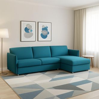 Dmora Sof&aacute; Fijo Con Chaise Longue Posina, Desenfundable, Reversible Made In Italy, Hidr&oacute;fugo Multiposici&oacute;n, 260x160 Cm Azul
