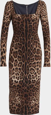 Dolce & Gabbana Leopard-Print Cady Long-Sleeve Midi Dress