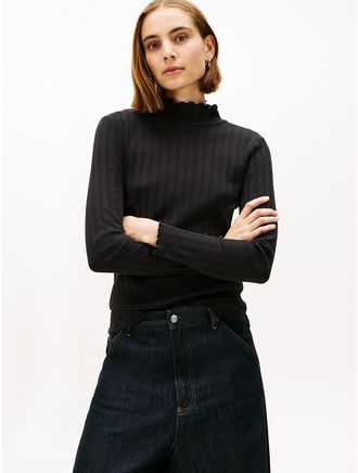 Tommy Hilfiger Womens Lettuce-Trim Pointelle Turtleneck T-Shirt - Black - L