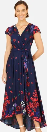 Yumi Floral Mirror Dip Hem Wrap Dress in Navy at Nordstrom, Size 10